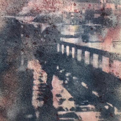 Disrupted Commute
ink, oil, cyanotype on canvas 
30x40cm
 framed